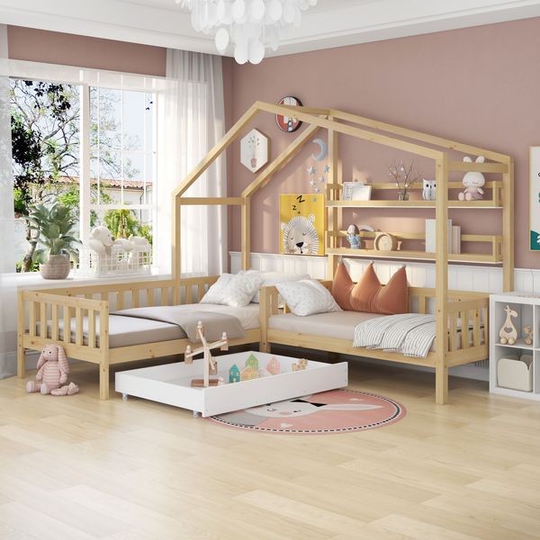 Bett 90x200 cm Hausbett in L‑Form aus Massivholz mit Schublade und Regalen – natürliches Design