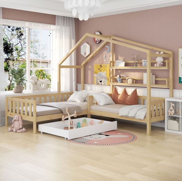 Bett 90x200 cm Hausbett in L‑Form aus Massivholz mit Schublade und Regalen – natürliches Design