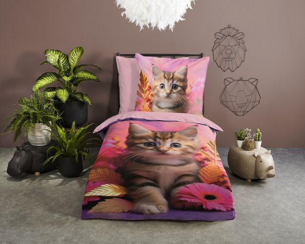 good morning Kinderbettwäsche Kadi, Renforcé, 2 teilig, Baumwolle, Renforcé, 135x200, Wendeoptik, Kind, Mädchen, Katze