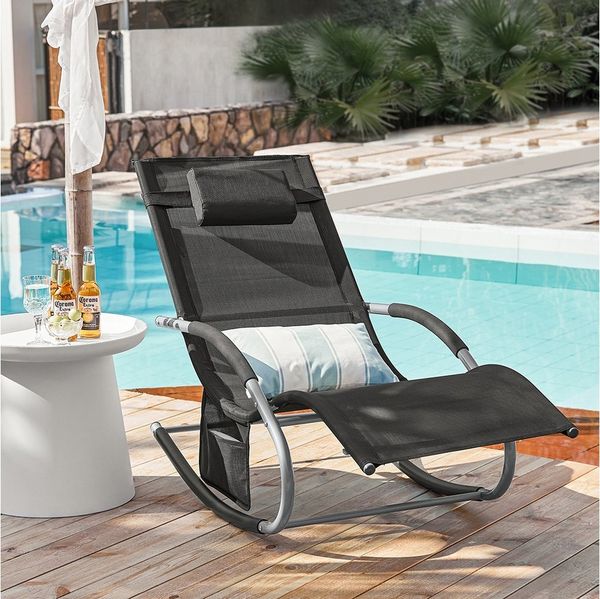 SoBuy Swingliege Gartenliege mit Tasche und Kopfkissen atmungsaktiv und luftig Bäderliege Schaukelliege Sonnenliege Liegestuhl für Gärten, Höfe, Strände, Balkone Schwarz 150 kg Belastung OGS28-SCH