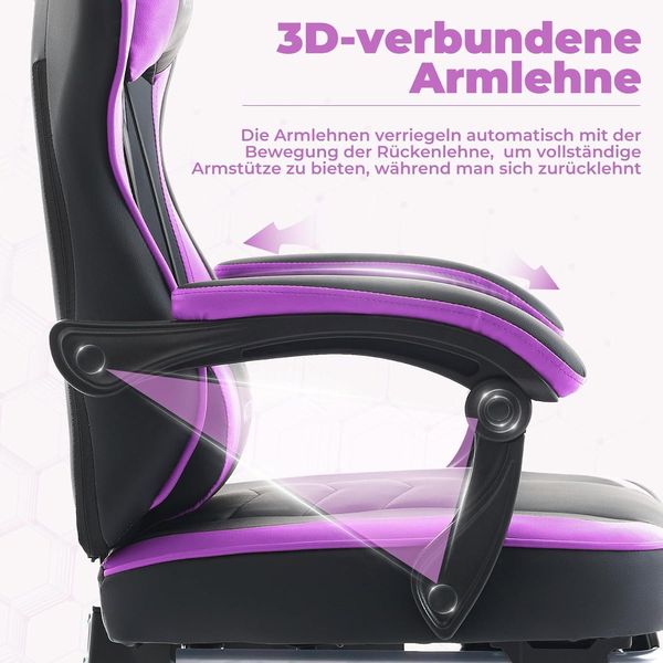 Ergonomischer Gaming Stuhl mit Fußstütze und Lendenwirbelstütze SchwarzViolett Bild 5