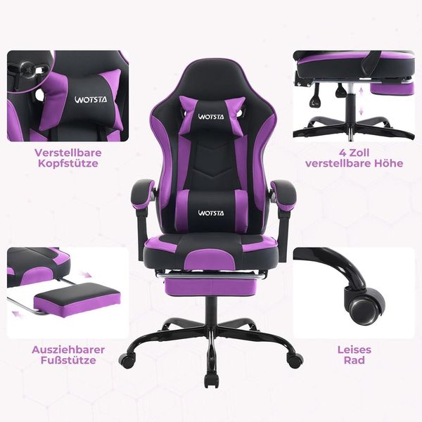 Ergonomischer Gaming Stuhl mit Fußstütze und Lendenwirbelstütze SchwarzViolett Bild 4