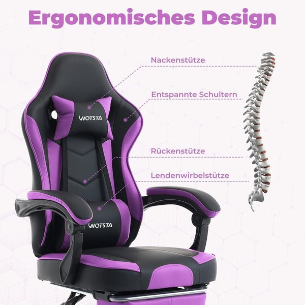 Ergonomischer Gaming Stuhl mit Fußstütze und Lendenwirbelstütze SchwarzViolett Bild 6