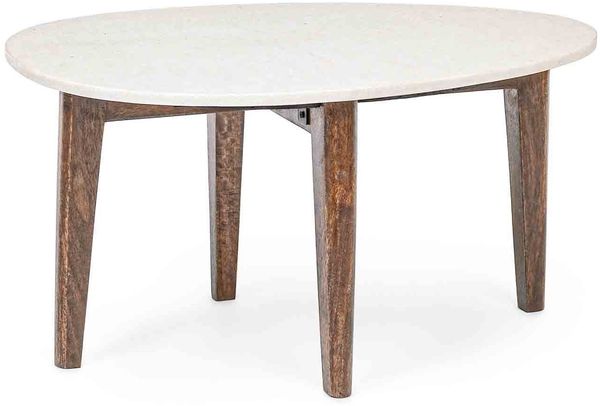 Beistelltisch Estvler aus Marmor, klassischer Stil, weiß, oval, Gestell Mangoholz natur
