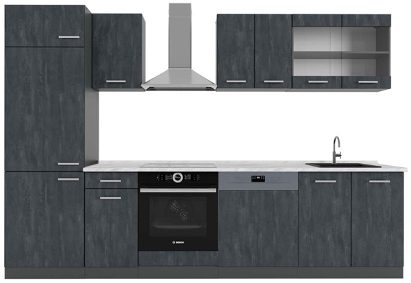 Küche R-Line Schwarz Beton/Anthrazit 300 cm AP Marmor Vicco