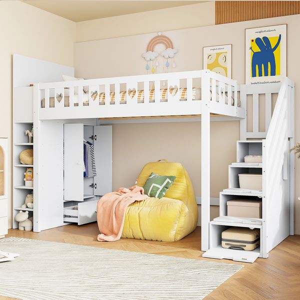 Hochbett, 90*200cm , Stauraumleiter, Regale, klappbarer Stauschrank, freier Platz unter dem Bett zum Verkleiden, Geländer in Liebesform, ohne Matratze, Weiß