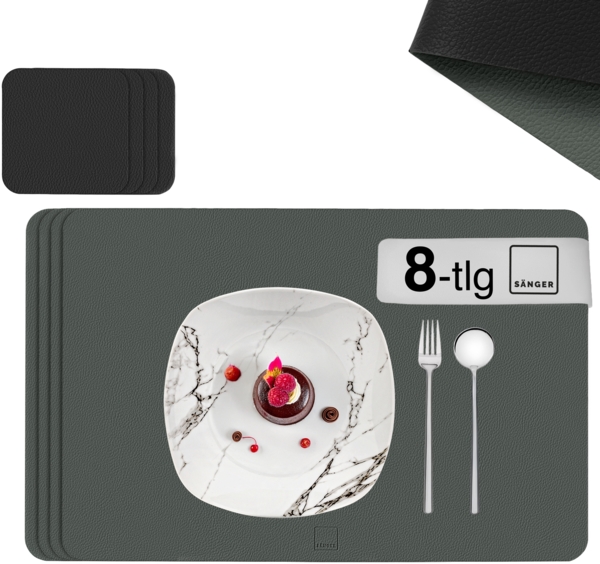 SÄNGER rechteckige Tischsets & Untersetzer aus Kunstleder 8 teilig für 4 Personen, Grau + Schwarz Bild 1