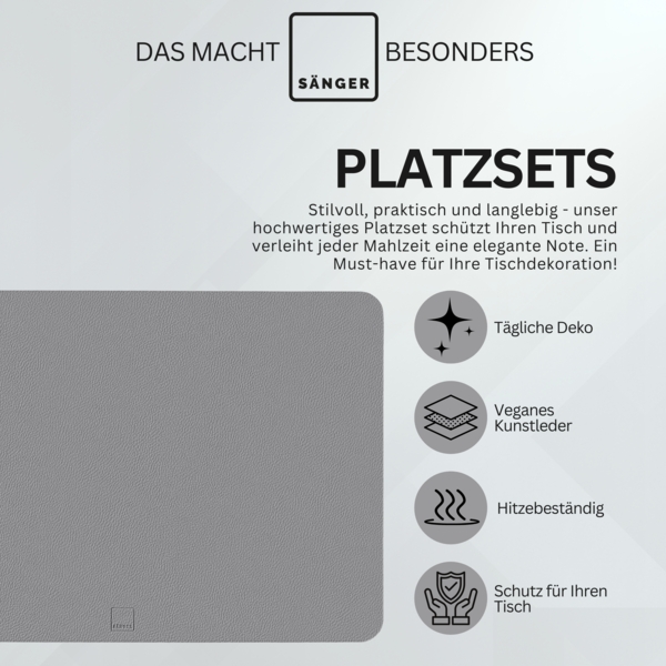 SÄNGER rechteckige Tischsets & Untersetzer aus Kunstleder 8 teilig für 4 Personen, Grau + Schwarz Bild 4