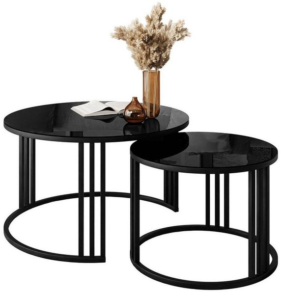 Lookway Couchtisch LORI GLASS 2in1 mit eleganter Tischplatte aus Glas (2er Set), Durchmesser: ⌀70 cm und ⌀50 cm