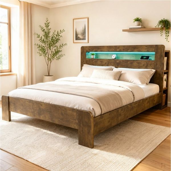 Flieks Massivholzbett, Doppelbett 180x200 cm mit Stauraum im Kopfteil, LED-Leiste & Aufladen