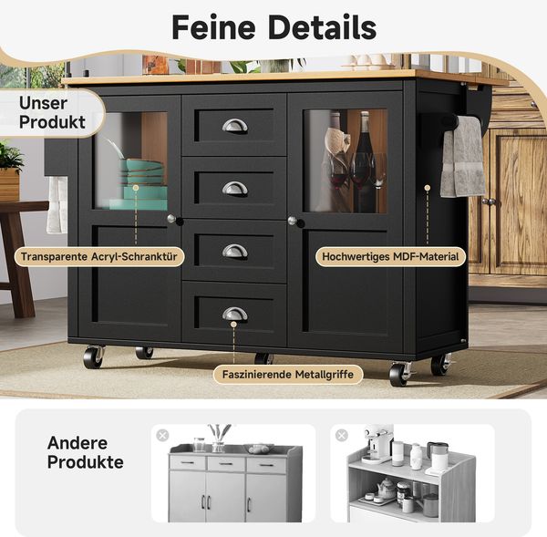 Merax Kücheninsel, Küchenschrank, Buffetschrank, ausziehbarer Küchenwagen mit Rollen, Handtuchhalter, Gewürzregal, verstellbaren Einlegeböden, zwei Türen, vier Schubladen, schwarz Bild 5