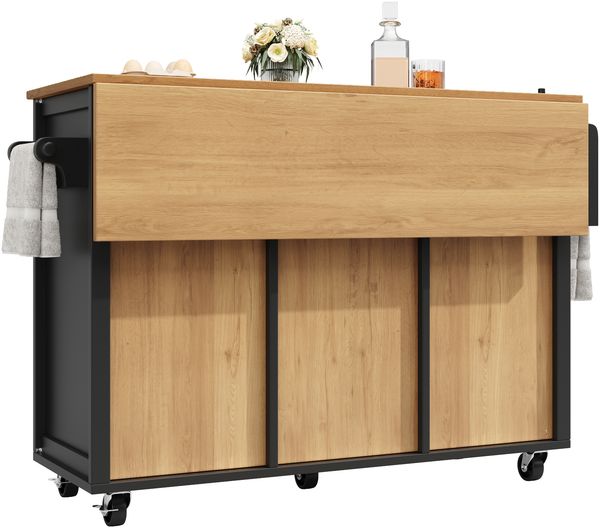 Merax Kücheninsel, Küchenschrank, Buffetschrank, ausziehbarer Küchenwagen mit Rollen, Handtuchhalter, Gewürzregal, verstellbaren Einlegeböden, zwei Türen, vier Schubladen, schwarz Bild 6