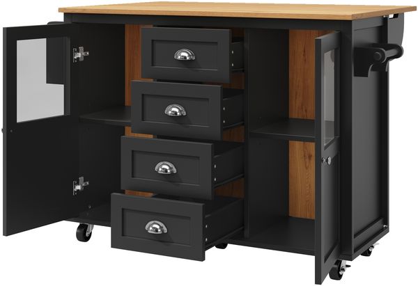Merax Kücheninsel, Küchenschrank, Buffetschrank, ausziehbarer Küchenwagen mit Rollen, Handtuchhalter, Gewürzregal, verstellbaren Einlegeböden, zwei Türen, vier Schubladen, schwarz Bild 9
