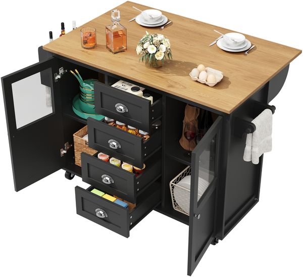 Merax Kücheninsel, Küchenschrank, Buffetschrank, ausziehbarer Küchenwagen mit Rollen, Handtuchhalter, Gewürzregal, verstellbaren Einlegeböden, zwei Türen, vier Schubladen, schwarz Bild 10