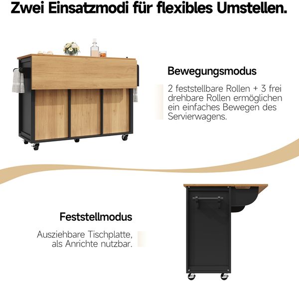 Merax Kücheninsel, Küchenschrank, Buffetschrank, ausziehbarer Küchenwagen mit Rollen, Handtuchhalter, Gewürzregal, verstellbaren Einlegeböden, zwei Türen, vier Schubladen, schwarz Bild 8