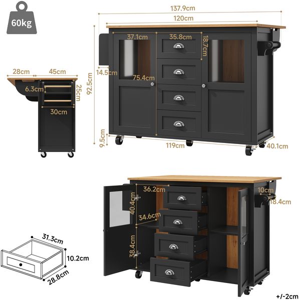 Merax Kücheninsel, Küchenschrank, Buffetschrank, ausziehbarer Küchenwagen mit Rollen, Handtuchhalter, Gewürzregal, verstellbaren Einlegeböden, zwei Türen, vier Schubladen, schwarz Bild 4