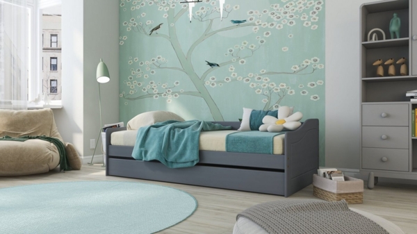 Ausziehbett LEONIE 23 Kiefer Grau lackiert, Sofabett mit Schublade