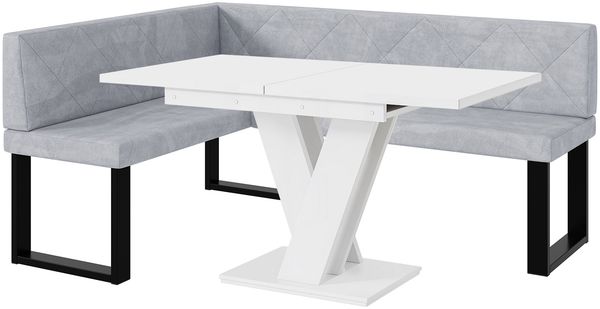 MEBLINI Eckbank für Esszimmer mit ausziehbarem Tisch - Küchenbank - Essecke - Sitzecke Küche - ERIC - U-Beine 128x168x87cm Links - Hellgrau Samt/M Weiß Matt