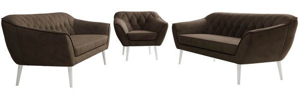 Wohnzimmerset, Möbelset PIRS 3-3-1, Armlehnen, Wellenfederung, weiße Füße, Dreisitzer Sofas mit Sessel, Polstermöbel Set - Braun Velvet Bild 6