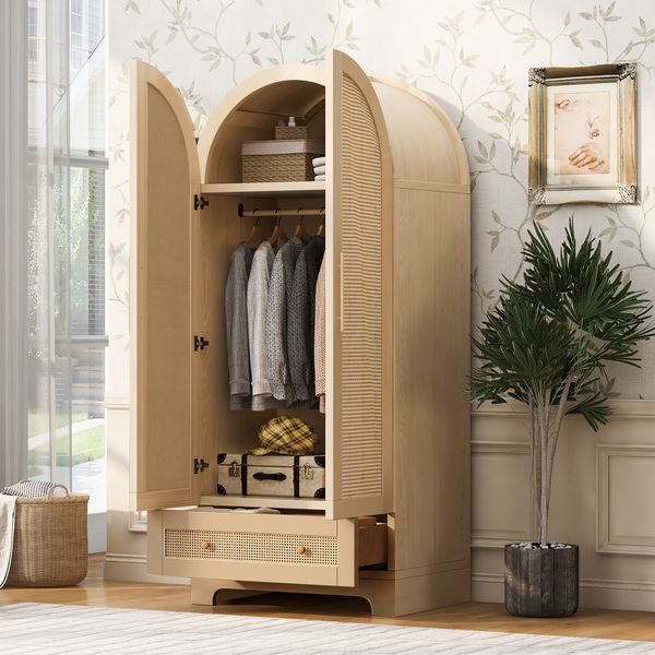 Merax Kleiderschrank 70*55*170cm, Doppeltüren-Design, mit Schubladen und Ablagefächern, Türen aus Kunstrattan, Holzfarbe