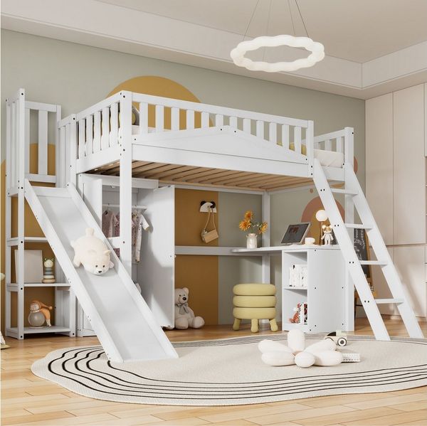Merax Hochbett (Kieferholz Etagenbett Jugendbett Einzelbett mit Fallschutzgitter, 1-St) Kinderbett 90x200cm mit Schreibtisch Rutsche Kleiderschrank & Regalen