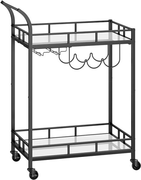 Vasagle Servierwagen, Rollwagen, Gläserhalter, 2 verspiegelte Glasablagen, Barwagen, Weinwagen, für Küche, Esszimmer, Bar, schwarz