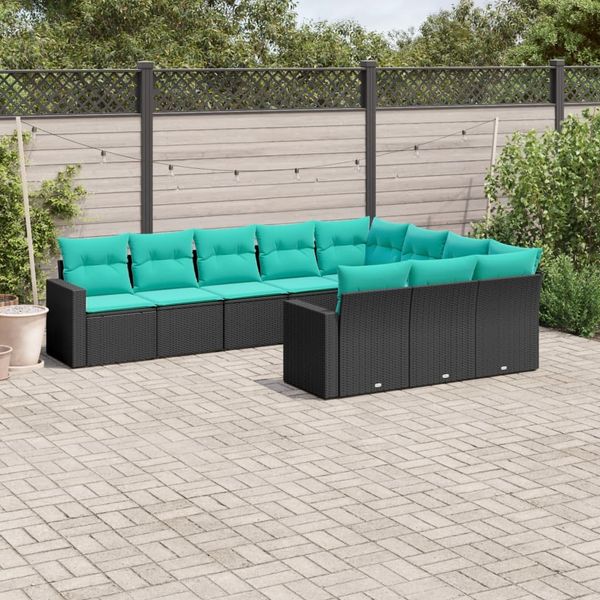 vidaXL 10-tlg. Garten-Sofagarnitur mit Kissen Schwarz Poly Rattan 3219477