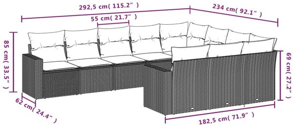 vidaXL 10-tlg. Garten-Sofagarnitur mit Kissen Schwarz Poly Rattan 3219477 Bild 7