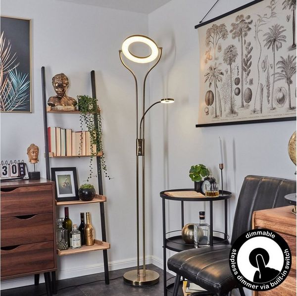 hofstein Stehlampe »Vitorchiano« aus Metall/Glas in Altmessing/Weiß, 3000 Kelvin, Stehlampe m. Dimmer u. An-/Ausschalter, 24 Watt/5 Watt, 2320 Lumen