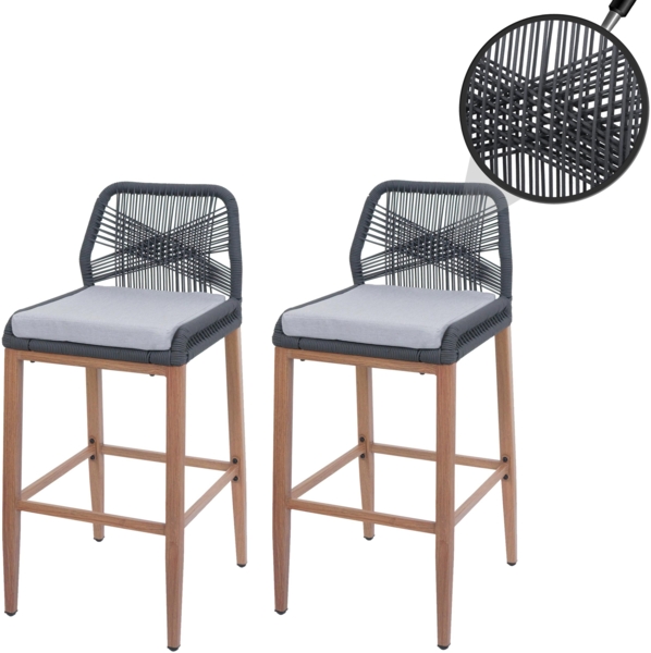 2er-Set Rope-Barhocker HWC-O21, Outdoor Sitzpolster Seilgeflecht Metall Holz-Optik ~ anthrazit, Kissen hellgrau