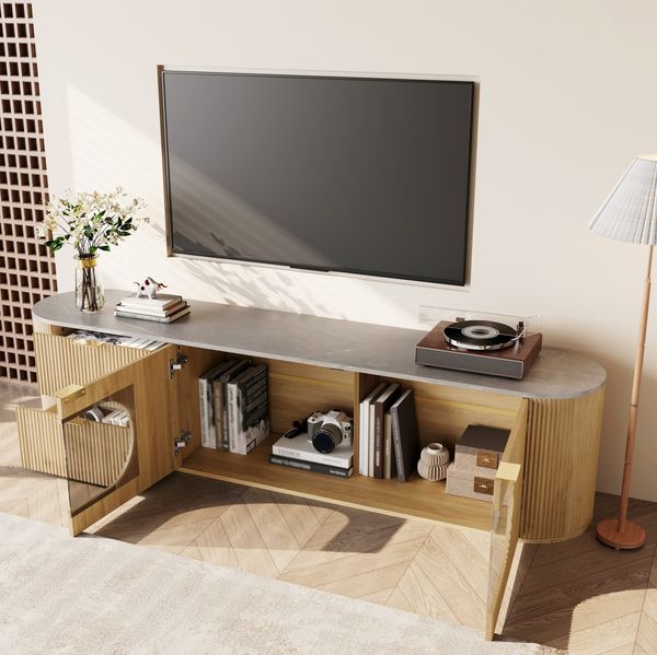 TV-Schrank 172 x 38 x 45,5 cm mit Glasvitrine und Schubladen – aus MDF in Natur