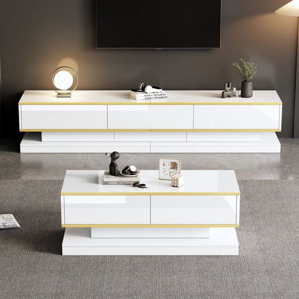 Merax Wohnzimmer-Set MODERN-121, Warmweiß mit Goldkante, (2-St), Hochglanz-TV-Lowboard 200 cm & Couchtisch 100 cm, Push-to-Open