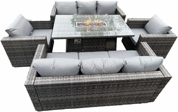 Fimous 8-Sitzer Outdoor PE Rattan Gartenmöbel Gas Feuer Grube Esstisch Set Lounge Sofa 2-Stücke Sessel Dunkelgrau gemischte Terrasse