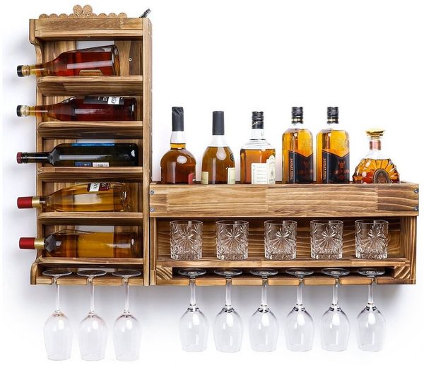Yorbay Weinregal Weinregal aus Holz, Wandbar mit Korkhalter, Holzregal für Weingläser, Whiskygläser, Wandmontage Wand Flaschenhalter Vintage Stil für Hausbar