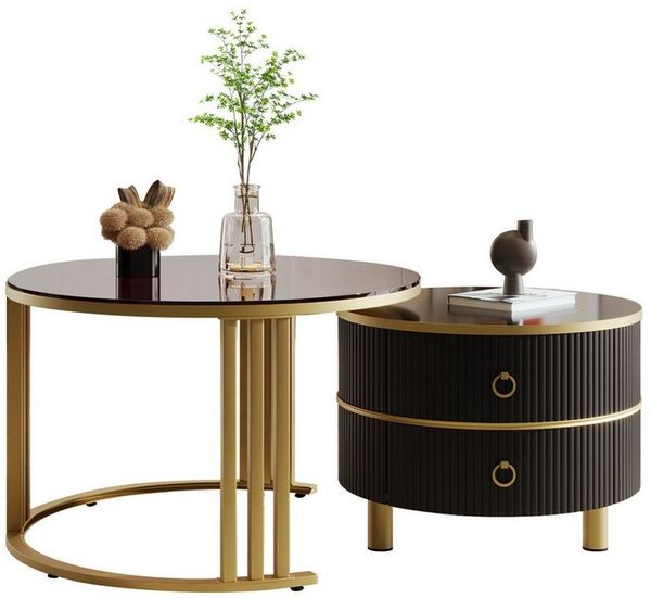 Merax Couchtisch Set aus Holz mit Schubladen und Metallrahmen, Wohnzimmertisch, hochglanz Satztisch, Beistelltisch mit Glastischplatte