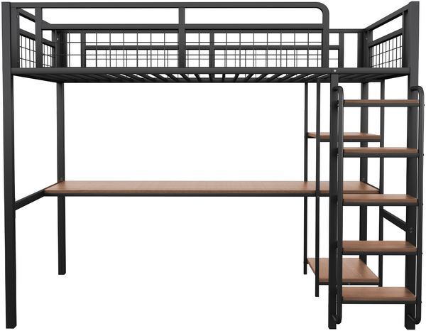 Merax Metall-Hochbett, 90*200 cm, Sicherheitsleiter mit Treppenstufen, Einzelbett, Kinderbett mit Tisch und Regalen, Metallgitter-Sicherheitszaun, Schwarz Bild 5