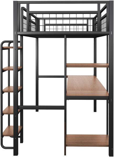 Merax Metall-Hochbett, 90*200 cm, Sicherheitsleiter mit Treppenstufen, Einzelbett, Kinderbett mit Tisch und Regalen, Metallgitter-Sicherheitszaun, Schwarz Bild 8
