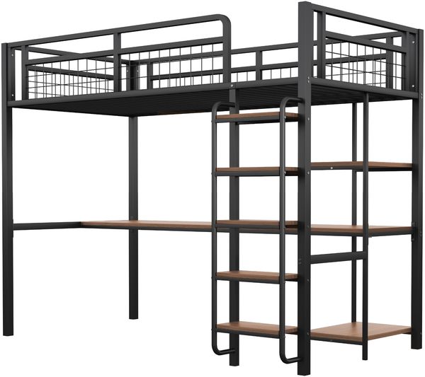 Merax Metall-Hochbett, 90*200 cm, Sicherheitsleiter mit Treppenstufen, Einzelbett, Kinderbett mit Tisch und Regalen, Metallgitter-Sicherheitszaun, Schwarz Bild 9