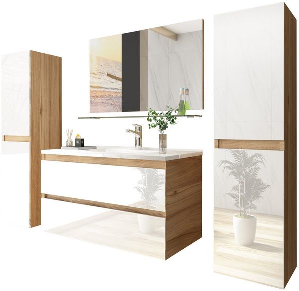 Homeline Badmöbel-Set Leonard-90-1x H, (Badmöbel Set Eiche Artizan/ Weiss Hochglanz Badezimmermöbel 5 Teilg Leonard 90 cm, 5-St)