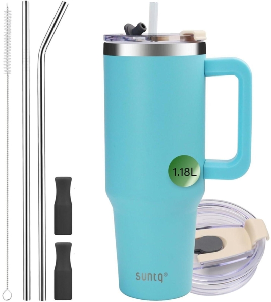 40oz SUNTQ Travel Coffee Mug with Handle Straw Lid Stainless Steel Tumbler Blue