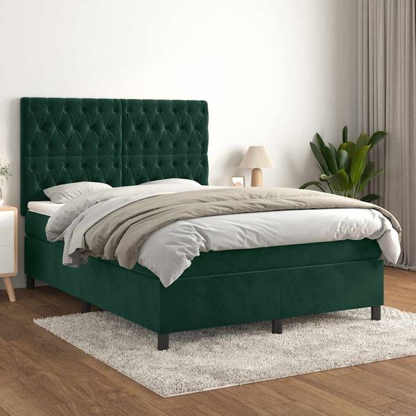 vidaXL Boxspringbett mit Matratze Dunkelgrün 140x200 cm Samt 3143208