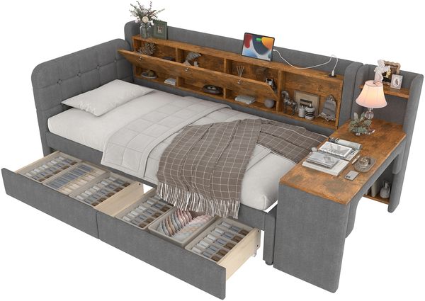 Daybett, 90*200cm, Tagesbett, Schlafsofa, mit 2 Schubladen, Schreibtisch, USB + Typ C, Flip Top Aufbewahrungsfach, Ablagefach, Bett mit Lattenrost (ohne Matratze), Leinen, grau Bild 9