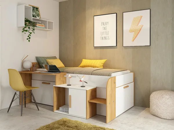 Vente-unique - PEDRO Bett Holz, Platte BeigeWeiß - B 134,6 cm x H 90 cm x L 206,4 cm