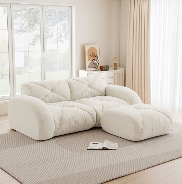 2-Sitzer-Sofa 76cm×204cm×171cm mit Hocker – modulares Sofa aus Chenille in Hellbeige, rahmenlos und haustierfreundlich