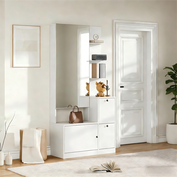 Merax 180cm hochschrank mit Spiegel und Schuhschrank, Flurschrank, Flur Garderobenständer, Aufbewahrungsschrank mit zwei Türen, Vitrine mit 5 Ablageflächen, Weiß