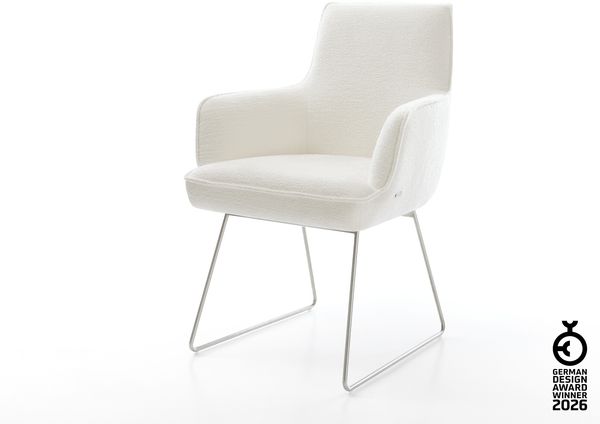 Esszimmerstuhl Heira-Flex mit Armlehnen Bouclé Soft Beige Kufengestell Edelstahl Taschenfederkern