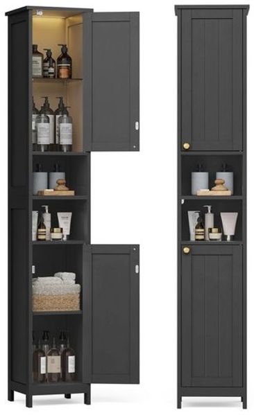 VASAGLE Badezimmerschrank mit verstellbaren Regalen, Hochregal für kleine Räume, modernes Möbel, Beleuchtung, schwarz