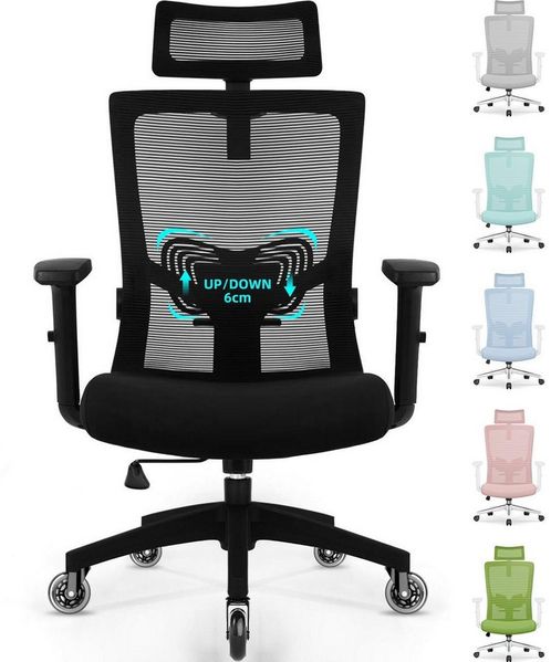 Adormii Bürostuhl Bürostuhl mit Gerauschlose Gummirollen,Ergonomischer Bürostuhl (Drehstuhl 360° mit Verstellbarer Kopfstütze, verstellbarer Lendenwirbelstütze und verstellbarer Armlehnen, Computerstuhl, Wippfunktion bis 135), Höhenverstellbar, Atmungs...