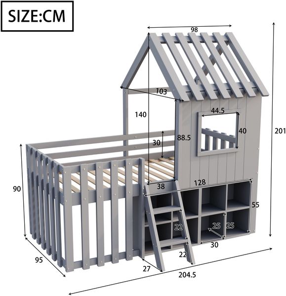 Kinderhausbett Hochbett mit Dach 90x200 cm, ohne Matratze, Massivholz Grau Bild 10