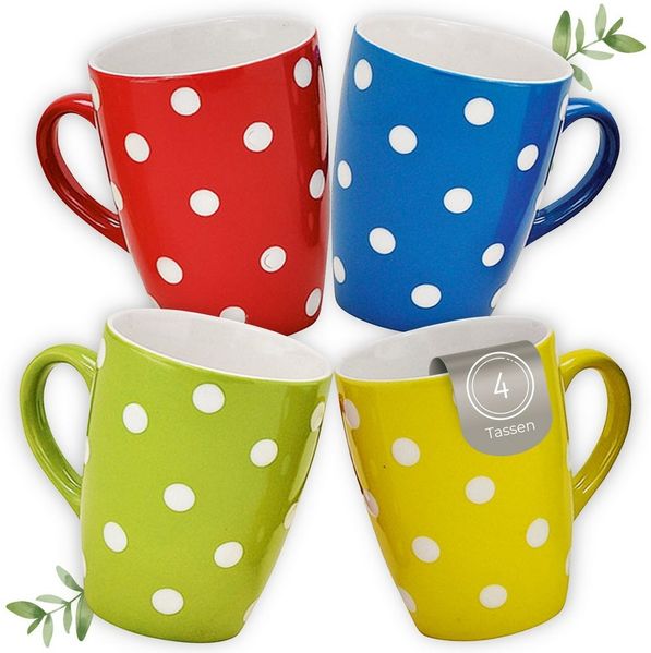 matches21 HOME & HOBBY Tasse Kaffeetassen Punkte-Dekor Bunt, 4er Set, für 250 ml, 4-tlg, Porzellan, Dopamin Deko Kaffeebecher für Tee & Cappuccino